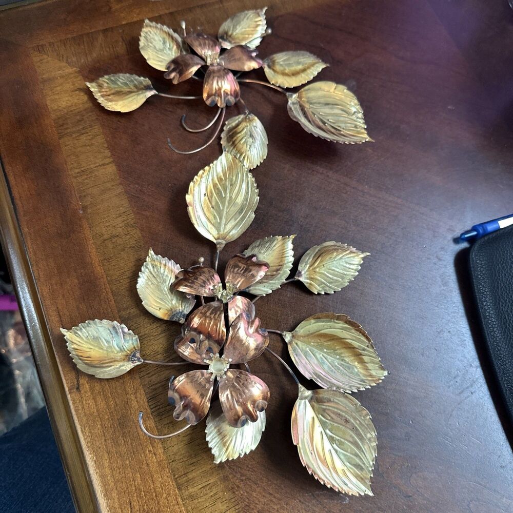 Metal Floral Wall Art Set of 2 Gold Copper Leaves Flower Wall Hangings